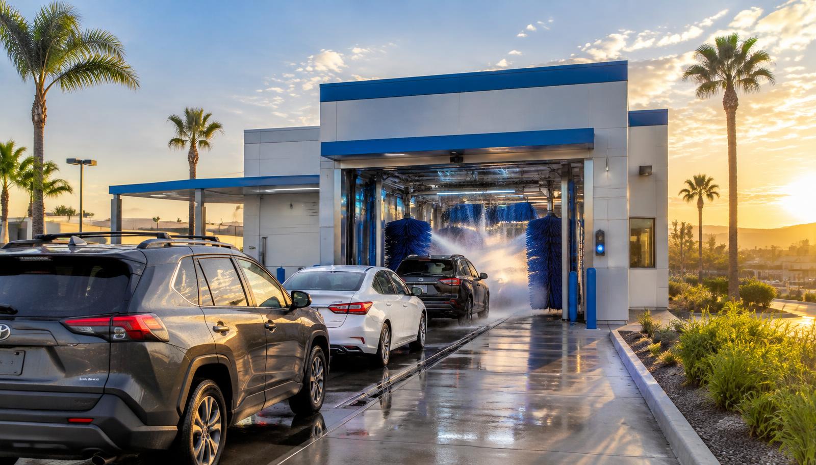 Vehicle moving through a conveyor tunnel at a Contra Costa County car wash