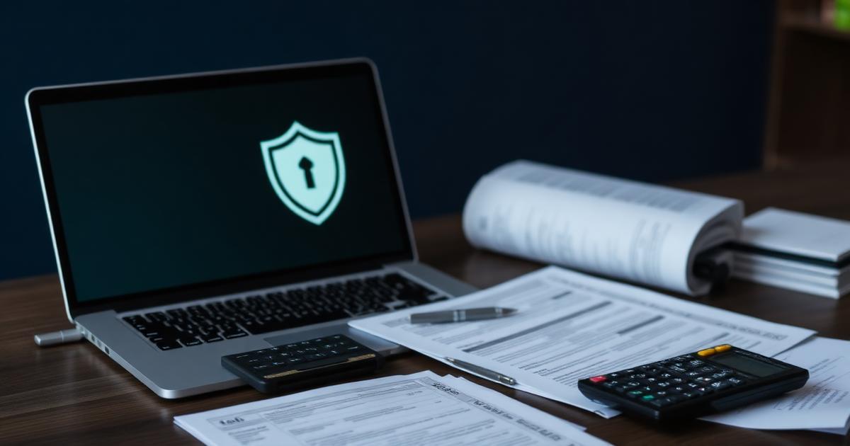 Tax documents, calculator, and a laptop showing a data security shield in a Contra Costa County CPA office