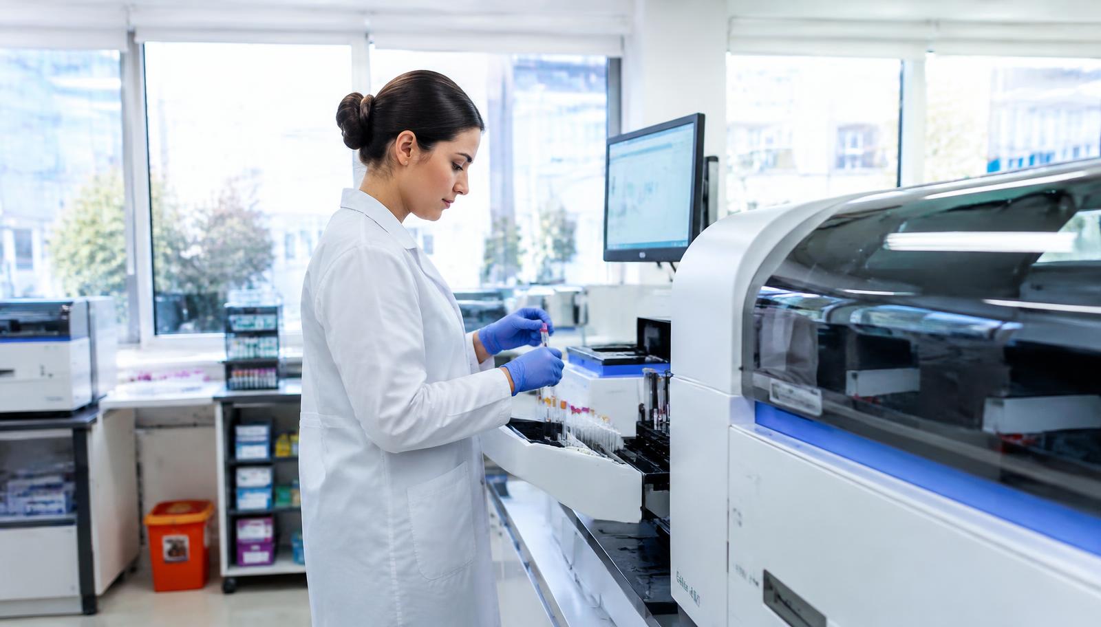 Laboratory technician processing specimen tubes at an analyzer in a Contra Costa County clinical lab