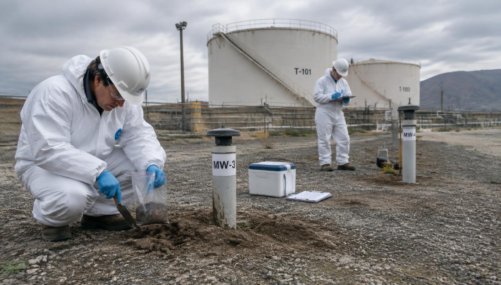 Environmental consultants sampling soil beside groundwater monitoring wells at a California industrial site