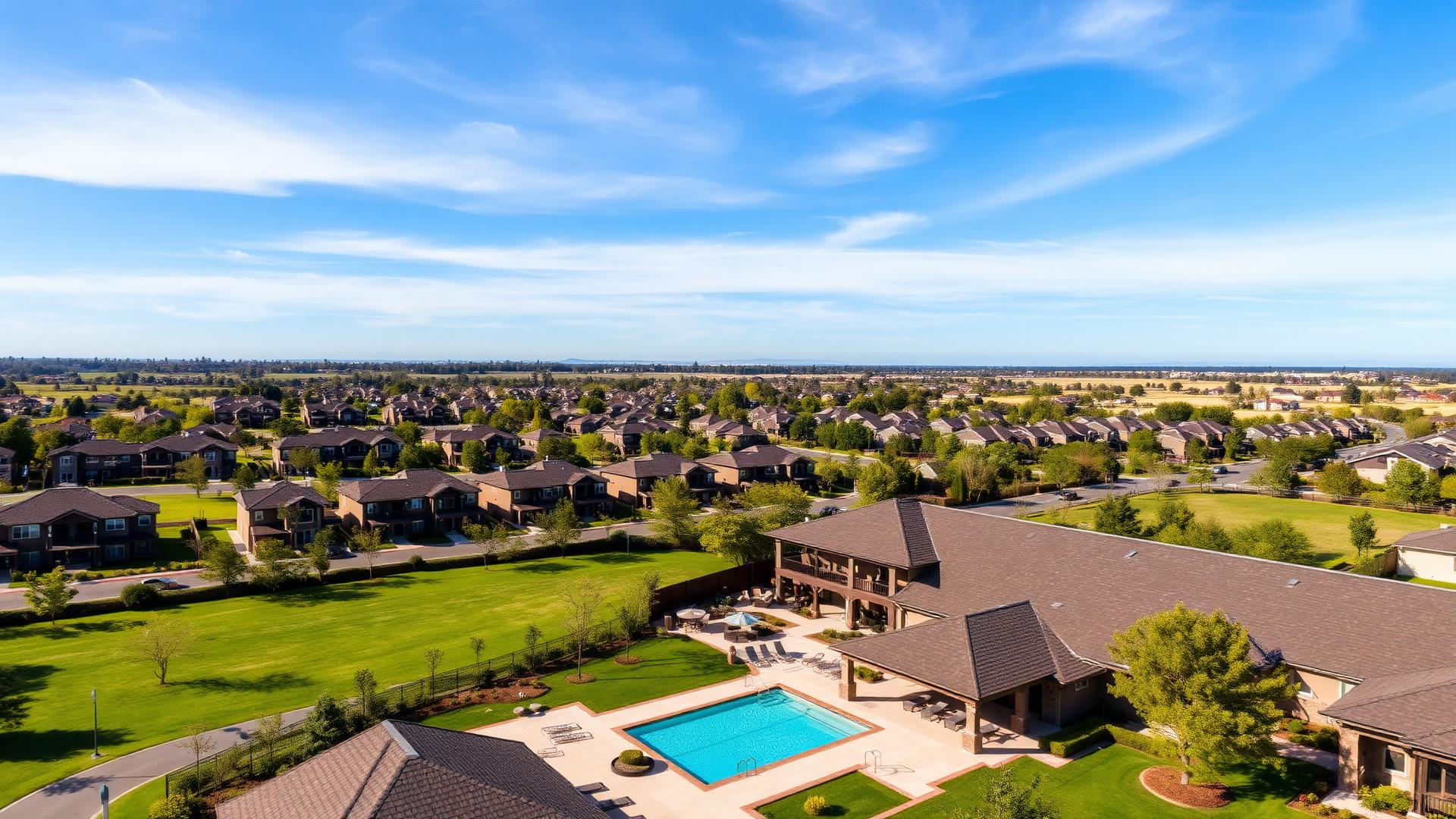 Aerial view of a Bay Area homeowners association community with clubhouse and pool