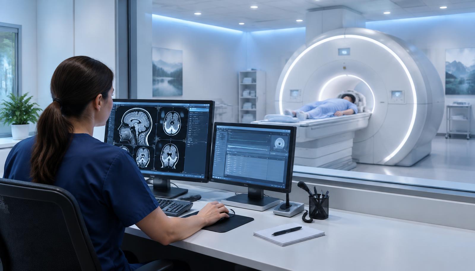 Radiology technologist reviewing brain scans at a console while a patient undergoes an MRI in a Contra Costa County imaging center