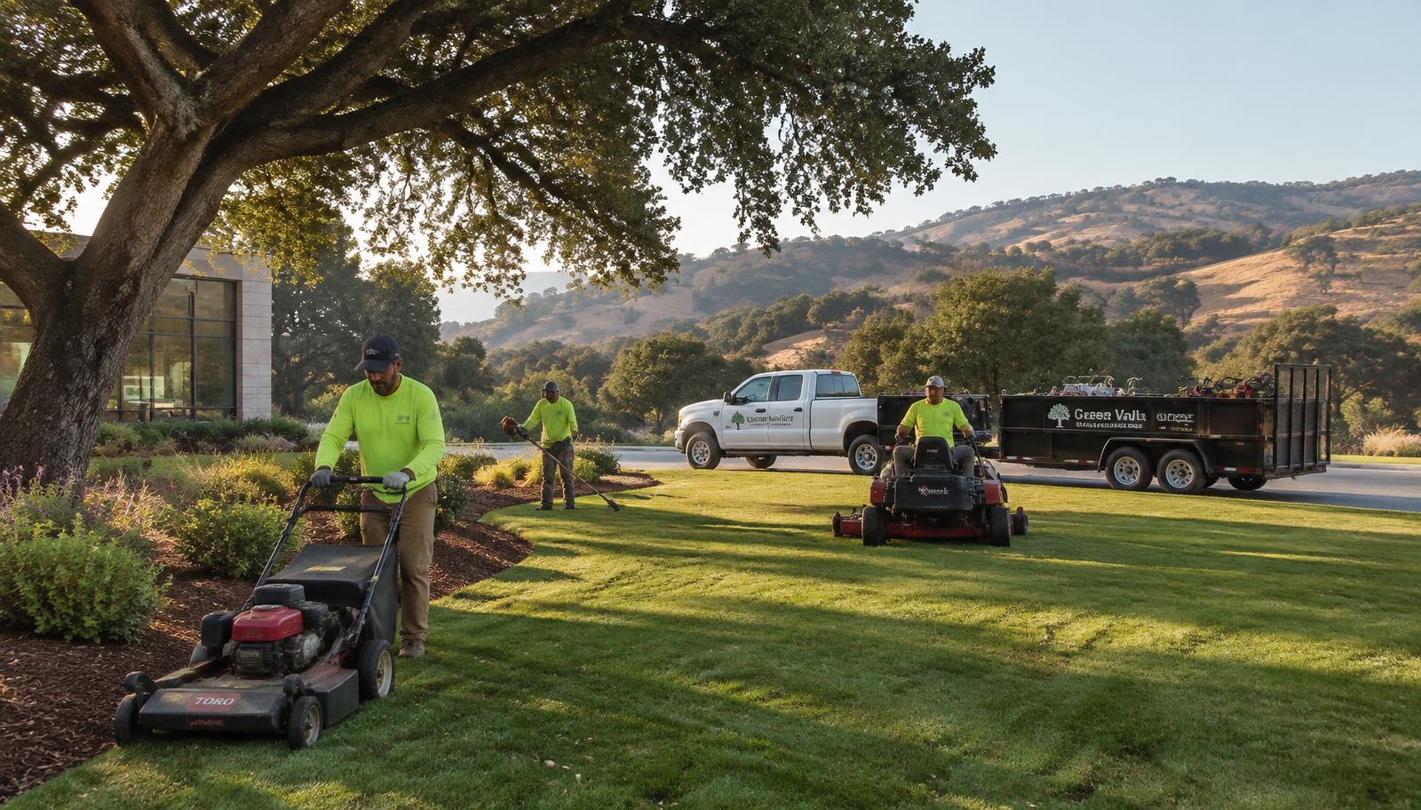 Landscape crew mowing and maintaining grounds at a Contra Costa County commercial property