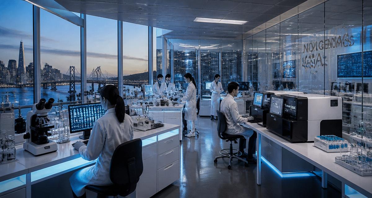 Modern biotechnology laboratory in the San Francisco Bay Area with researchers and advanced scientific equipment