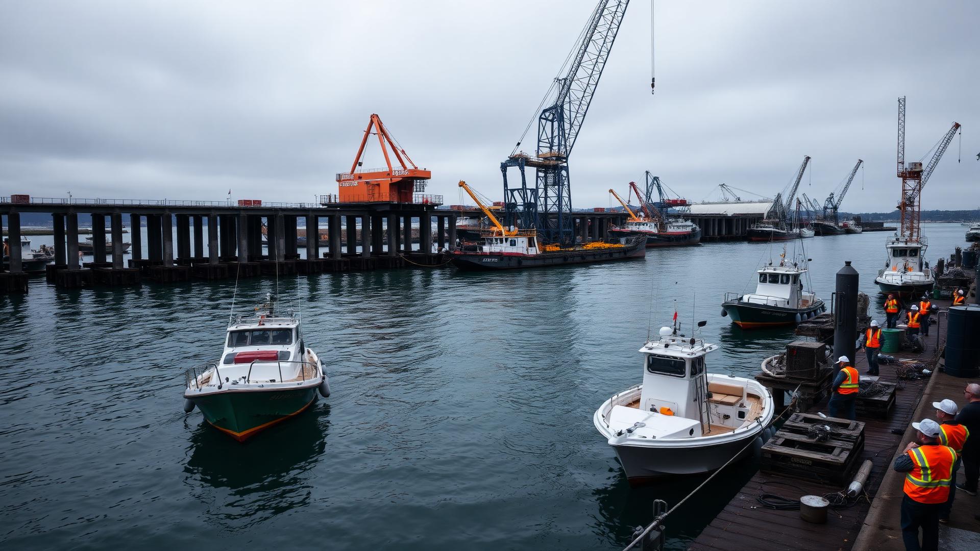 Marine contractors and a floating crane barge working on a Bay Area dock and pier construction project