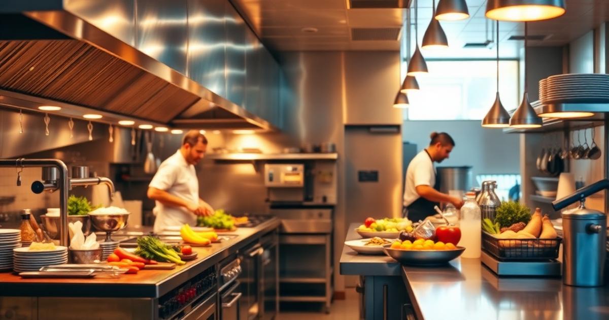 Professional commercial kitchen in the Bay Area preparing fresh food