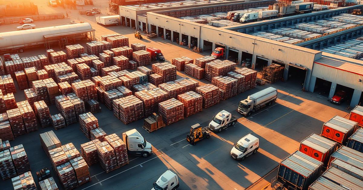 Aerial view of a wholesale distribution center with pallets and delivery trucks in the San Francisco Bay Area