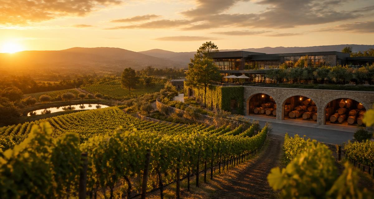 Sunset over a Northern California vineyard and winery estate with rolling hills and wine barrels